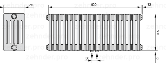 Схема (чертеж) Радиатор Zehnder Charleston 6050/20 №5410 Белый глянцевый RAL 9016